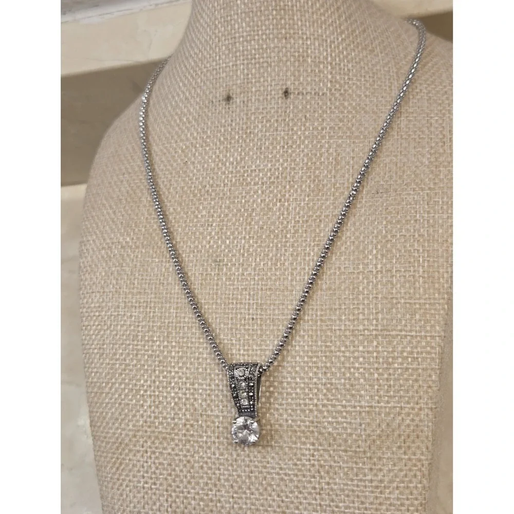 Vintage‎ Sterling Silver Marcasite & CZ Pendant 16